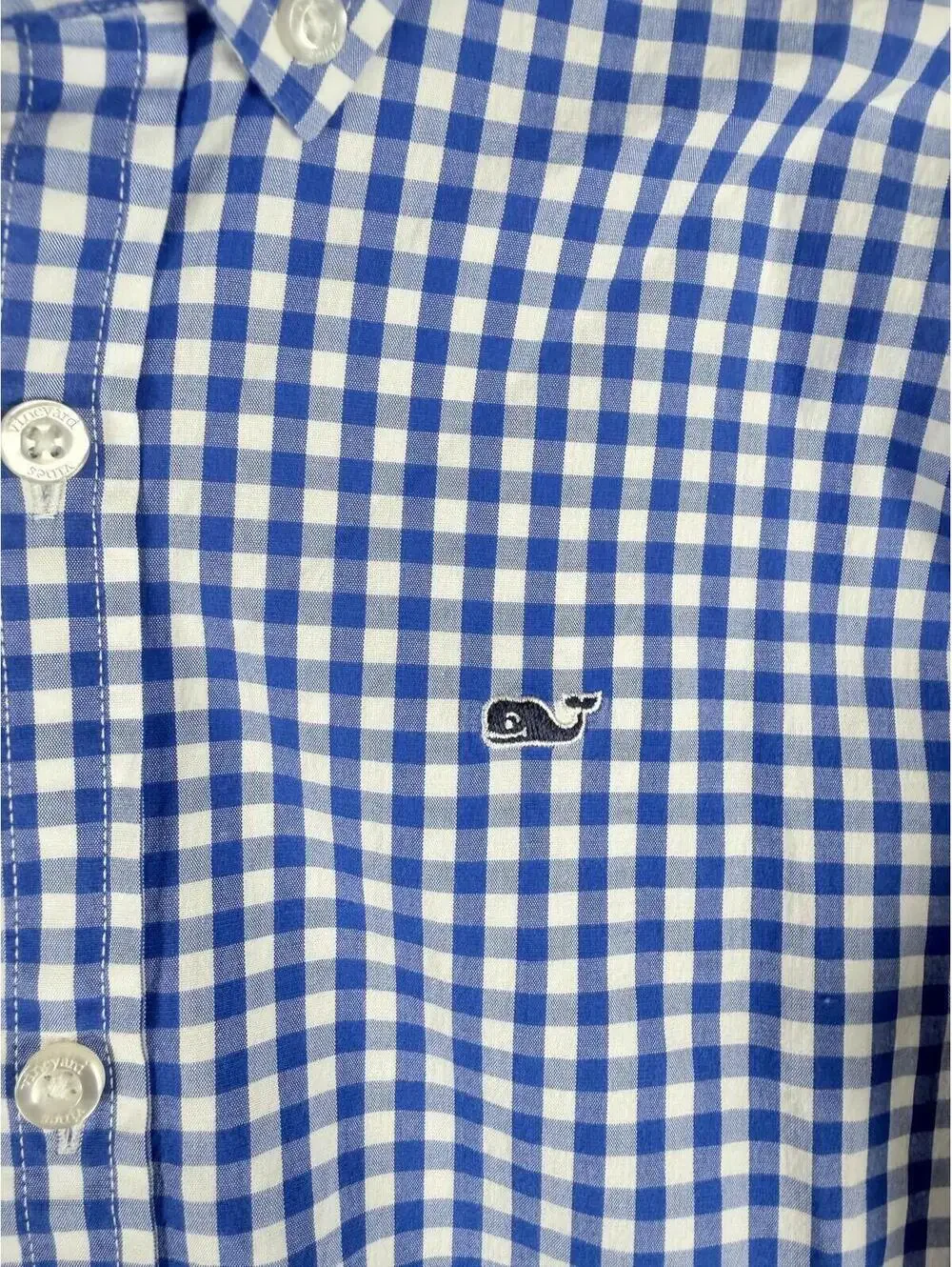 Vineyard Vines Boys Whale Shirt Blue Gingham Button Down Long Sleeve Med (12-14)